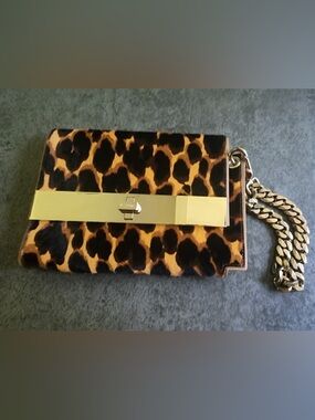 Dee Ocleppo Leopard Print Clutch with Gold Accent and Chain Wristlet